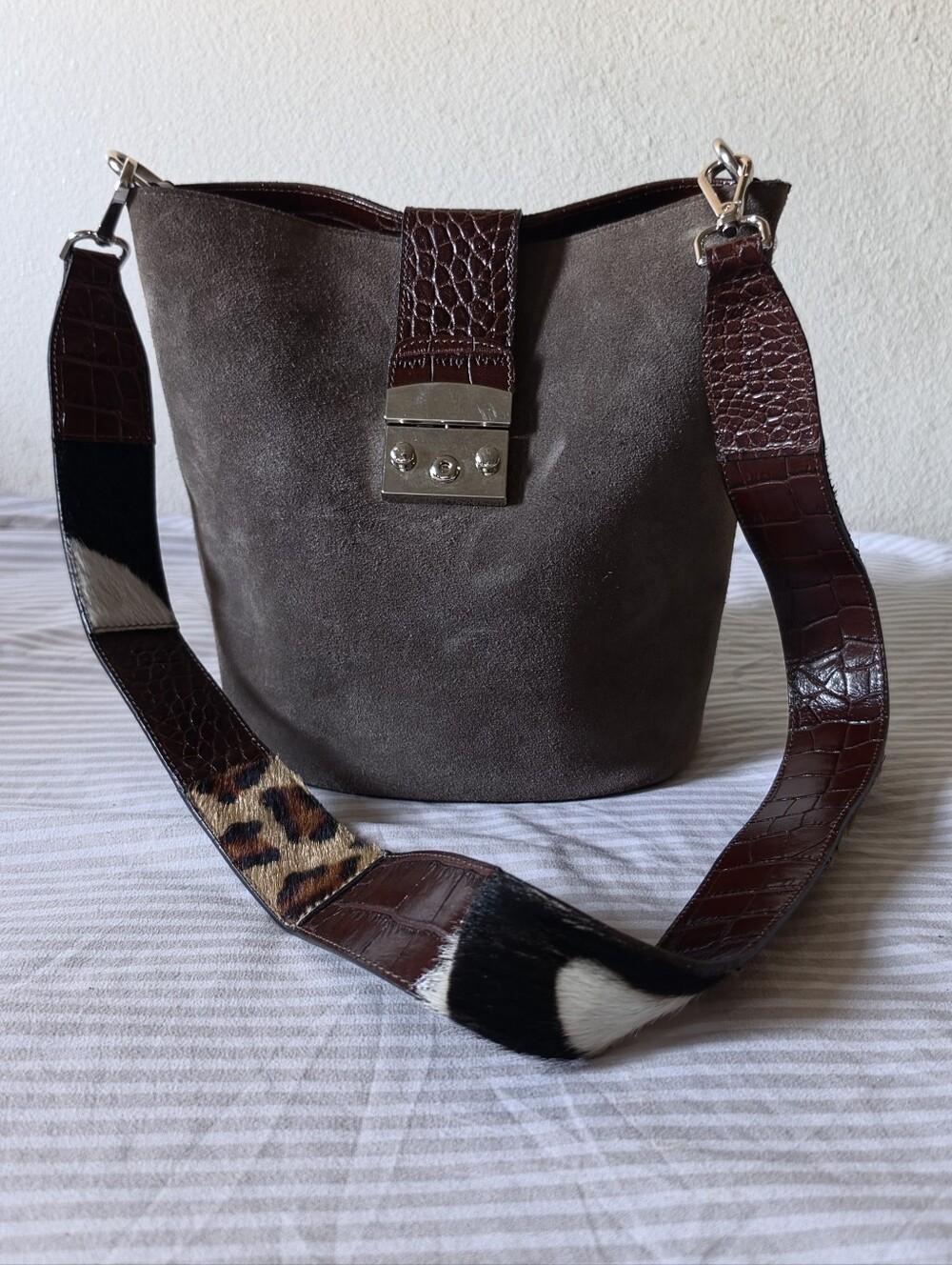 Claudia Firenze Suede Bucket Shoulder Bag with Croc-Trim Strap - Brown